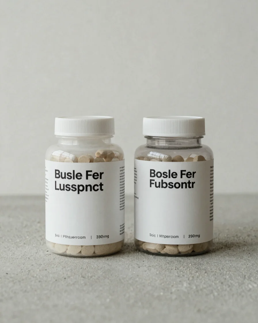 Close editorial product photography of two neutral supplement jars side by side on a clean concrete surface, soft diffus